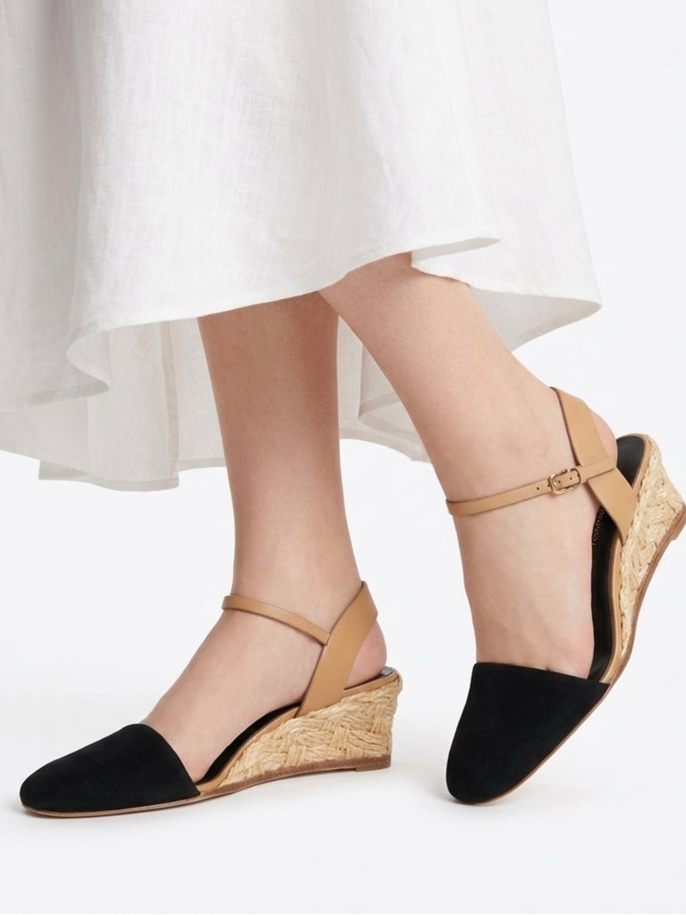 Tory Burch Black and Tan Espadrille Wedge Slingbacks